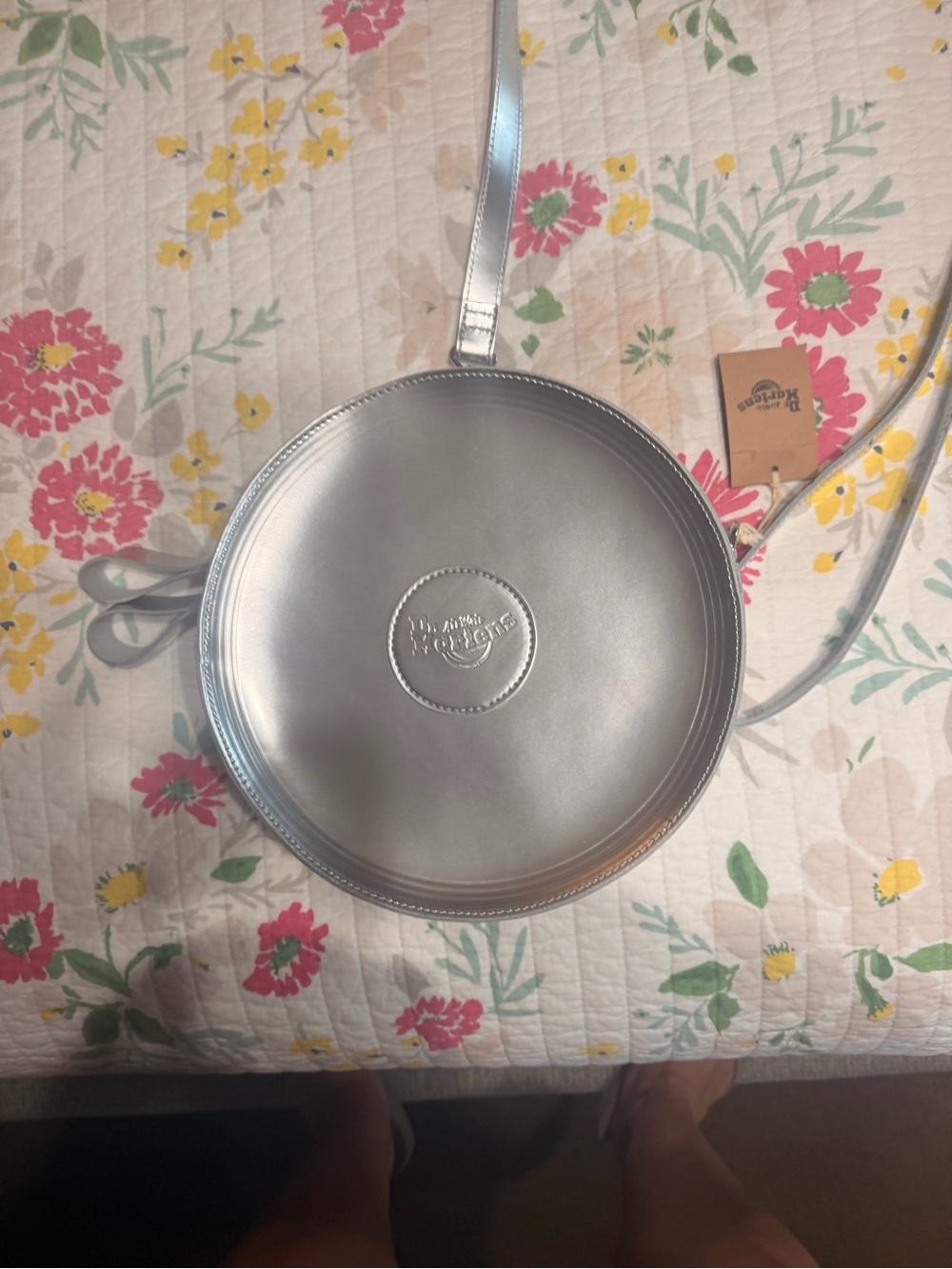 Metallic Silver Round Backpack/Crossbody Bag with Logo